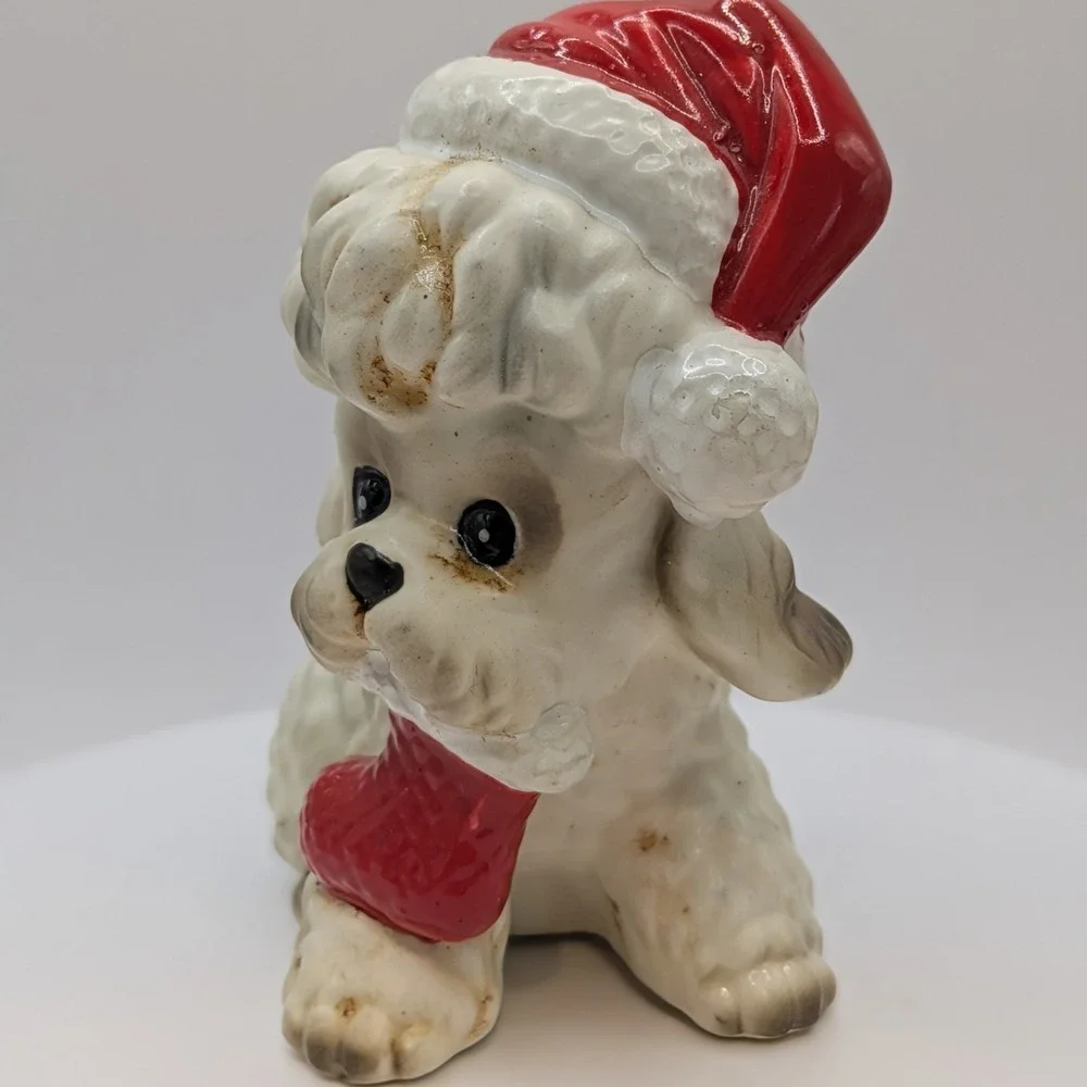 Vintage Josef Original Christmas White Poodle Dog Ceramic Figurine Santa Hat